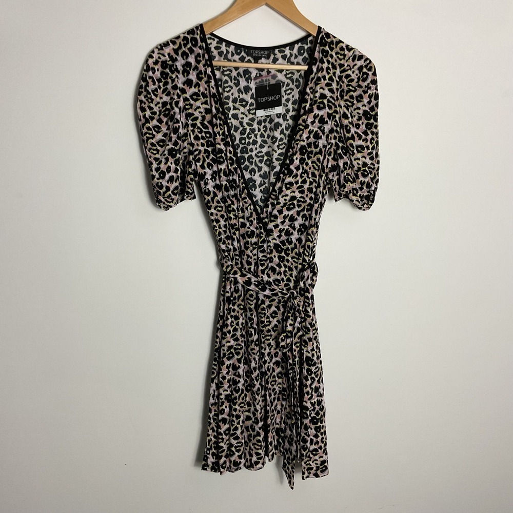 Topshop Dress US 6 UK 10 Animal Leopard Print Wrap Short‎ Sleeve Casual NWT
